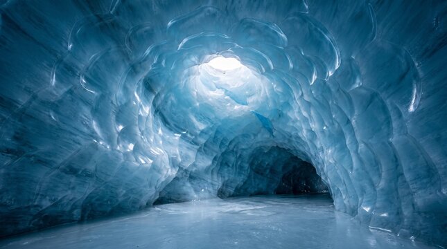 Blue ice cave interior with glowing light from above, glacial cavern with frozen crystalline walls, majestic arctic ice tunnel background
