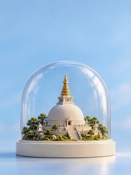 Miniature white stupa and trees beneath a clear glass dome against blue