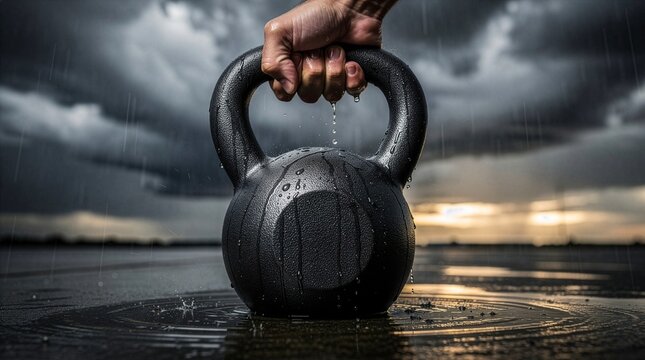Close-up of a strong hand holding a heavy black kettlebell on a wet surface during a rainy day with a stormy sky, representing intense strength training, power, and dedication