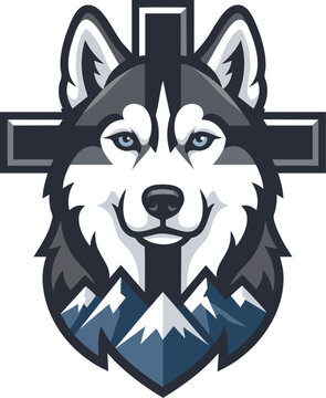 Branding Siberian husky dog head mascot graphic featuring a dark cross symbol and snowy mountain peaks in bold vector style logo, vector, t-shirt, design, png, design