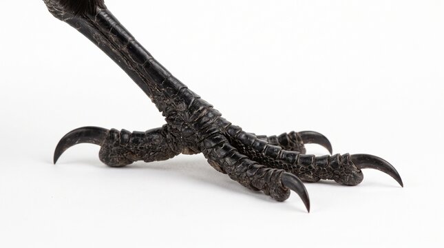 Close up of a black crow foot with sharp talons isolated on a clean