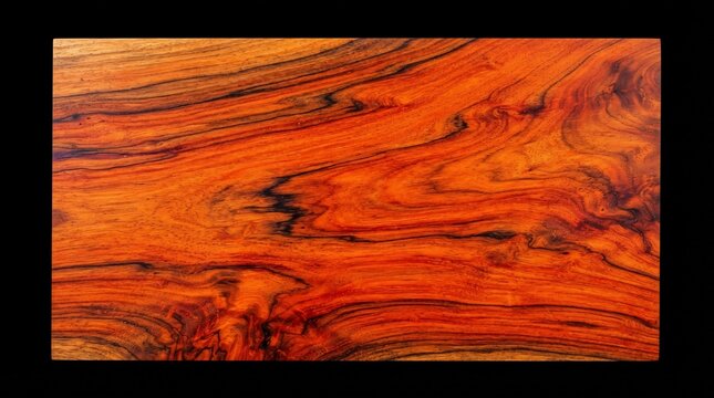 Exotic Cocobolo Wood Texture with Vibrant Orange Grain and Dark Swirls Isolated on Black Background for Luxury Carpentry Design