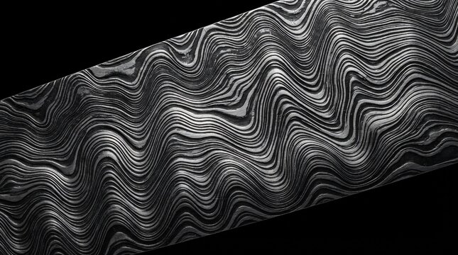 Premium Damascus steel metal blade texture with elegant wavy forged pattern and monochromatic metallic grain detail on dark surface