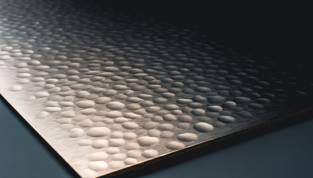 Metallic surface with reflective, dimpled texture captured in high-contrast lighting.