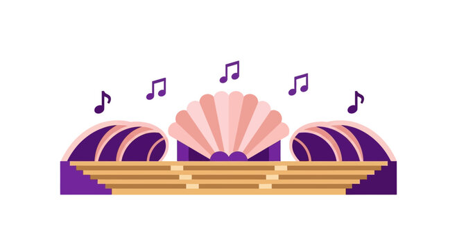 Shell Shaped Amphitheater Stage Flat Vector Illustration with Music Notes