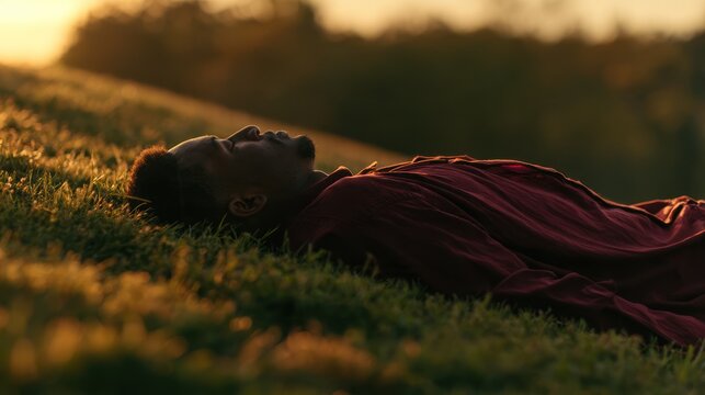 Person reclining on grassy hillside in warm sunset light with flowing dark clothing and softly blurred trees in outdoor landscape