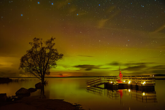 A spectacular night sky with the Northern Lights over a calm lake; the view features a solitary tree in the water and a free-floating, illuminated pontoon dock.