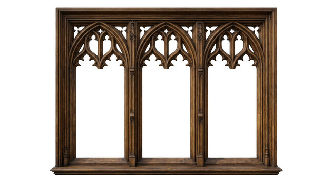 Old decorative wooden window frame with gothic style carvings isolated on transparent background