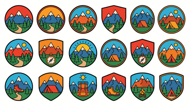 Outdoor camping badge collection with mountains, pine forest, tents, hiking boots, compass, and campfire vector illustration
