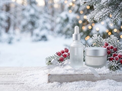 Winter Skincare Products With Bottle With Jar