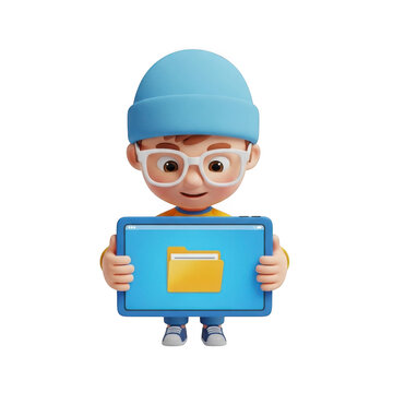 3d boy character holding a tablet with file icon isolated on transparent background
