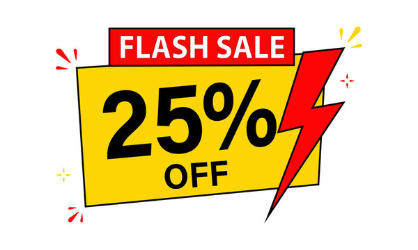 A vibrant yellow and red flash sale vector badge advertising a 25 percent discount isolated on transparent background