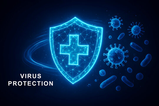 Glowing blue virus protection shield, polygonal medical security defense system, digital immune protection concept image