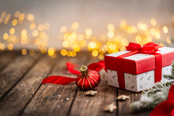 Fototapeta premium A Christmas background featuring a classic white gift box tied with a bright red satin bow beside a golden ornament and frosted pine on rustic wood, warmly lit with twinkling lights.