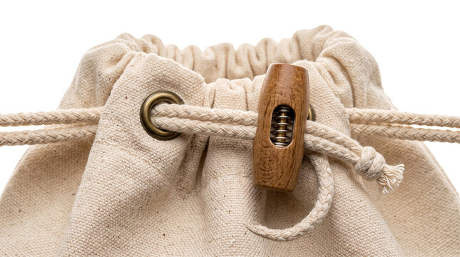 Natural cotton drawstring pouch detail, wooden cord lock toggle on beige canvas bag, organic linen packaging pouch with brass eyelet isolated PNG with Transparent Background