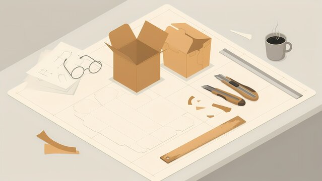 Packaging design workspace with cardboard box prototype blueprint dieline craft knives and ruler isometric vector illustration