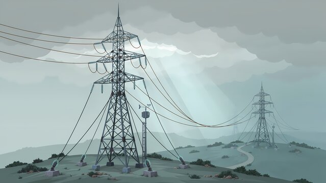 High voltage power transmission towers electricity pylon with power lines on dramatic landscape vector illustration