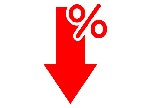 Red percentage arrow pointing down representing price fall and discount offer isolated on background