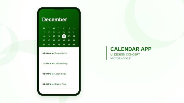 Vector mockup showcasing a clean mobile calendar app UI design concept with schedule events