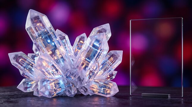 Large glowing purple crystal cluster with integrated electronic circuit board patterns