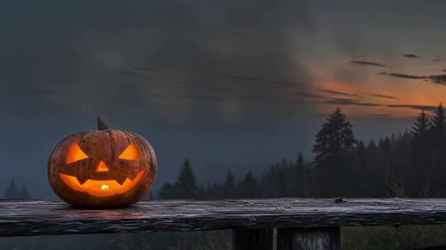 Glowing carved Halloween pumpkin placed on a dark wooden bench in a foggy pine forest at twilight. Beautiful dusk light with deep orange tones and empty sky providing clean negative space for text ove