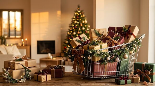 New year shopping cart with wrapped gifts in a cozy holiday interior