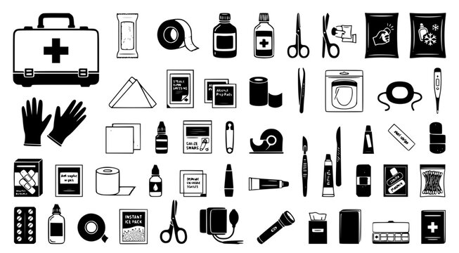 Emergency medical and trauma care equipment icons including thermometers ice packs scalpels gauze and sterile supplies for healthcare providers and first responders isolated on transparent background
