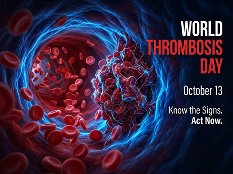 World thrombosis day medical awareness banner with blood clot thrombus blocking red blood cells flow inside vein artery for healthcare campaign concept