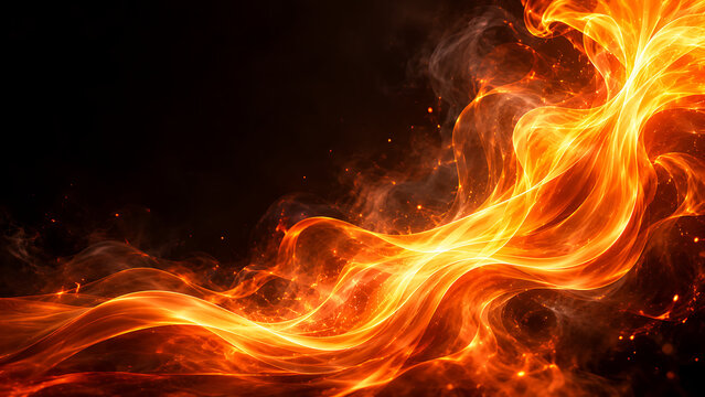Fiery abstract energy wave background with glowing orange flames, swirling plasma ribbons and luminous motion, dramatic dark backdrop for power, heat, technology, gaming and dynamic creative design