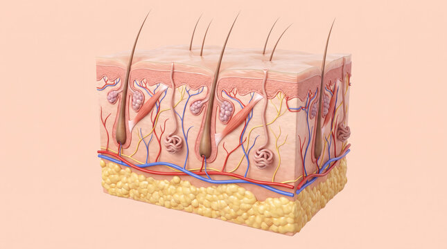 Detailed 3D medical illustration showing human skin layers cross section diagram displaying epidermis dermis hypodermis hair follicle blood vessels and fat tissue structure