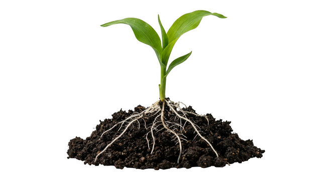 Small green plant seedling growing out of a pile of dark soil isolated on transparent background