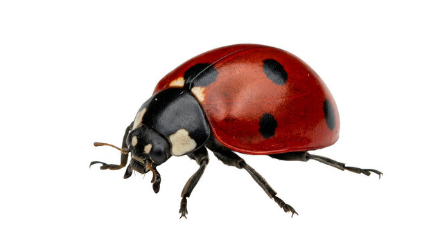 Small red ladybug with black spots walking on the ground isolated on transparent background