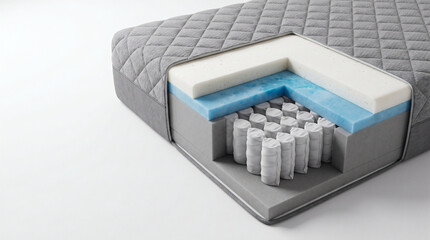 Fototapeta premium Orthopedic pocket spring hybrid mattress cross section cutaway showing memory foam layers cooling gel and quilted fabric cover on white background