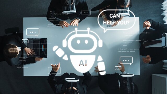 Collaborative Meeting with AI Robot Assistants in a Modern Boardroom for Innovative Technology Solutions and Business Strategy Development Gluon.