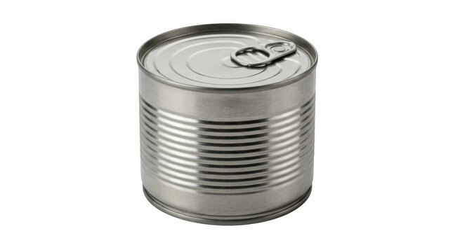Small silver metal tin can for food storage isolated on transparent background