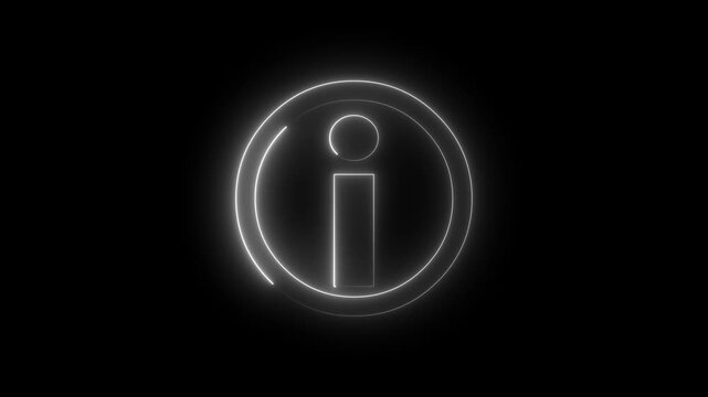 Animated white neon information i icon inside double circle with glowing chase light effect. Minimalist help FAQ about tutorial guidance loop on black background. 4K loopable UI UX alpha animation.