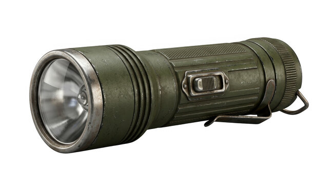 Tactical green led flashlight for outdoor camping and emergency isolated on transparent background