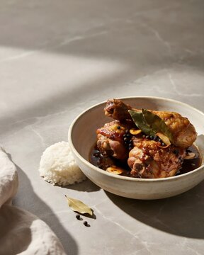 Authentic Filipino Chicken Adobo Stewed with Garlic Soy Sauce Vinegar Bay Leaves and Whole Black Peppercorns Served with Rice   