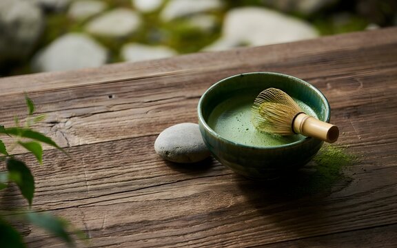 Traditional Japanese Matcha Green Tea Prepared in Ceramic Bowl with Bamboo Whisk Whisking Powder on Rustic Wooden Surface Food Photography