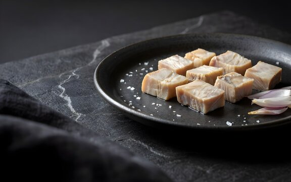 Cured Salted Herring Fillet Cubes Garnished with Fresh Dill and Sea Salt Flakes Served on a Dark Ceramic Plate Gourmet Nordic Appetizer Food Photography