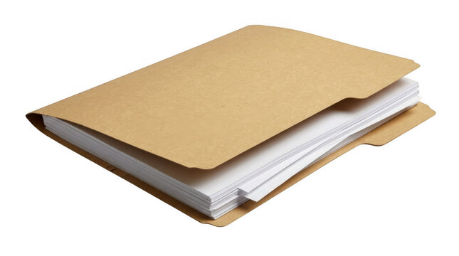 Tan paper office folder filled with documents and white pages isolated on transparent background