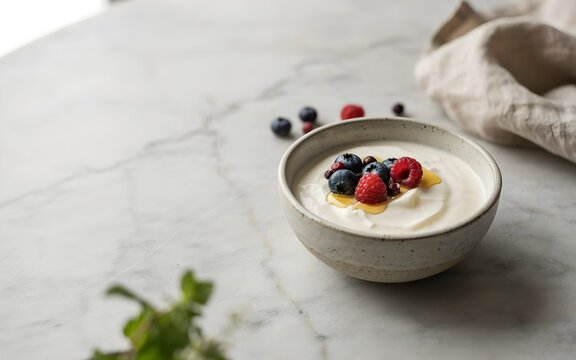 Fresh Greek Yogurt Bowl Topped with Fresh Blueberries, Raspberries, and Drizzled Honey on a Light Marble Countertop Fresh Healthy Breakfast Food Photography