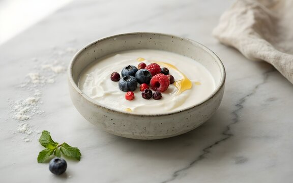 Fresh Greek Yogurt Bowl Topped with Fresh Blueberries, Raspberries, and Drizzled Honey on a Light Marble Countertop Fresh Healthy Breakfast Food Photography