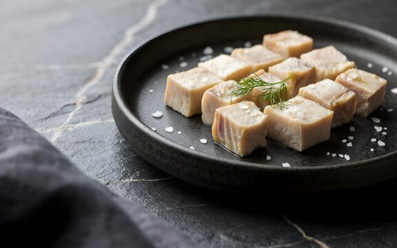 Cured Salted Herring Fillet Cubes Garnished with Fresh Dill and Sea Salt Flakes Served on a Dark Ceramic Plate Gourmet Nordic Appetizer Food Photography