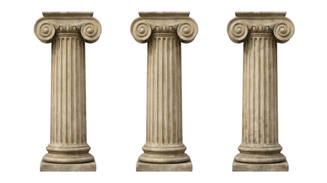 Three ancient stone columns with decorative ionic capitals isolated on transparent background