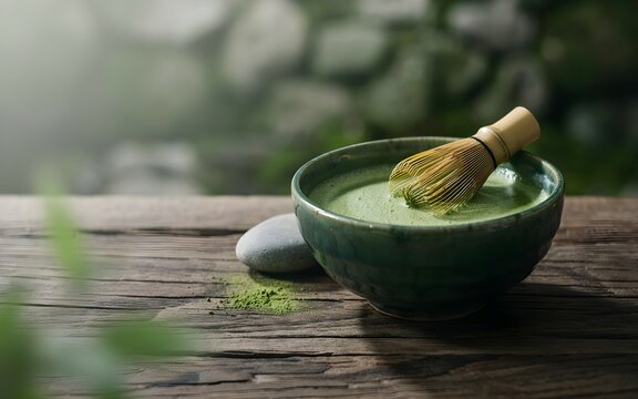 Traditional Japanese Matcha Green Tea Prepared in Ceramic Bowl with Bamboo Whisk Whisking Powder on Rustic Wooden Surface Food Photography