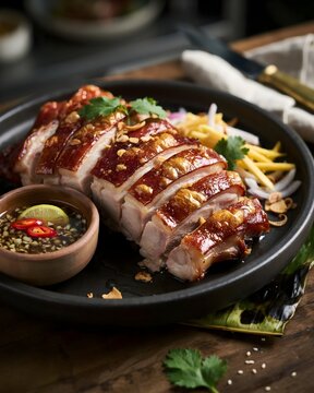 Authentic Crispy Lechon Kawali Sliced Roasted Pork Belly Served with Chili Soy Dipping Sauce Calamansi and Fresh Herbs on Dark Wooden Table