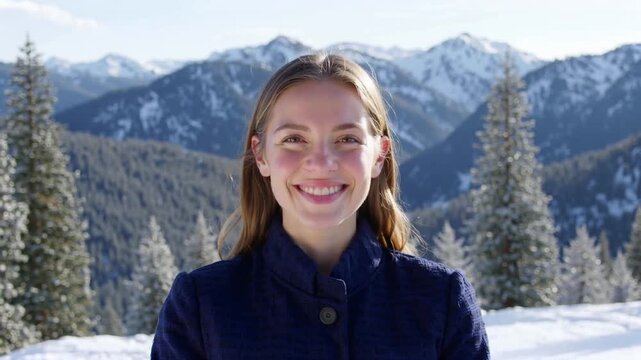 Sympathische junge Frau in blauer Jacke vor Alpenpanorama