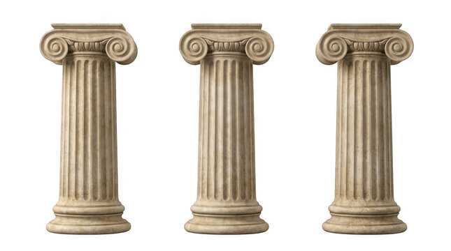 Three ancient stone ionic columns standing in a row isolated on transparent background