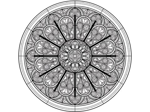 Gothic Rose Window Outline Drawing - Detailed Stained Glass Pattern